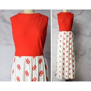 1960s Maxi Dress Size Medium 60s Red and White Gown Embroidered Bows Dress